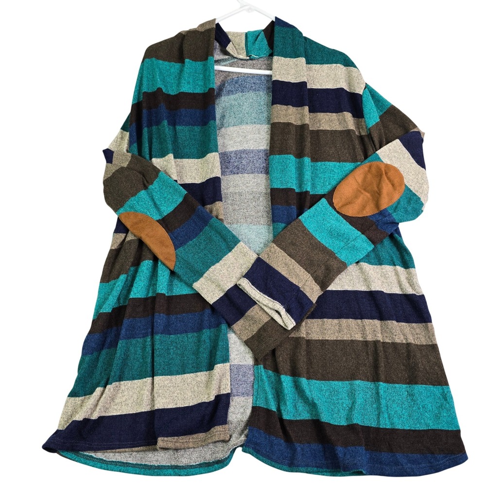 Egs Striped Colorblock Cardigan Women 1XL Teal Brown Elbow Patch Open Cottage
